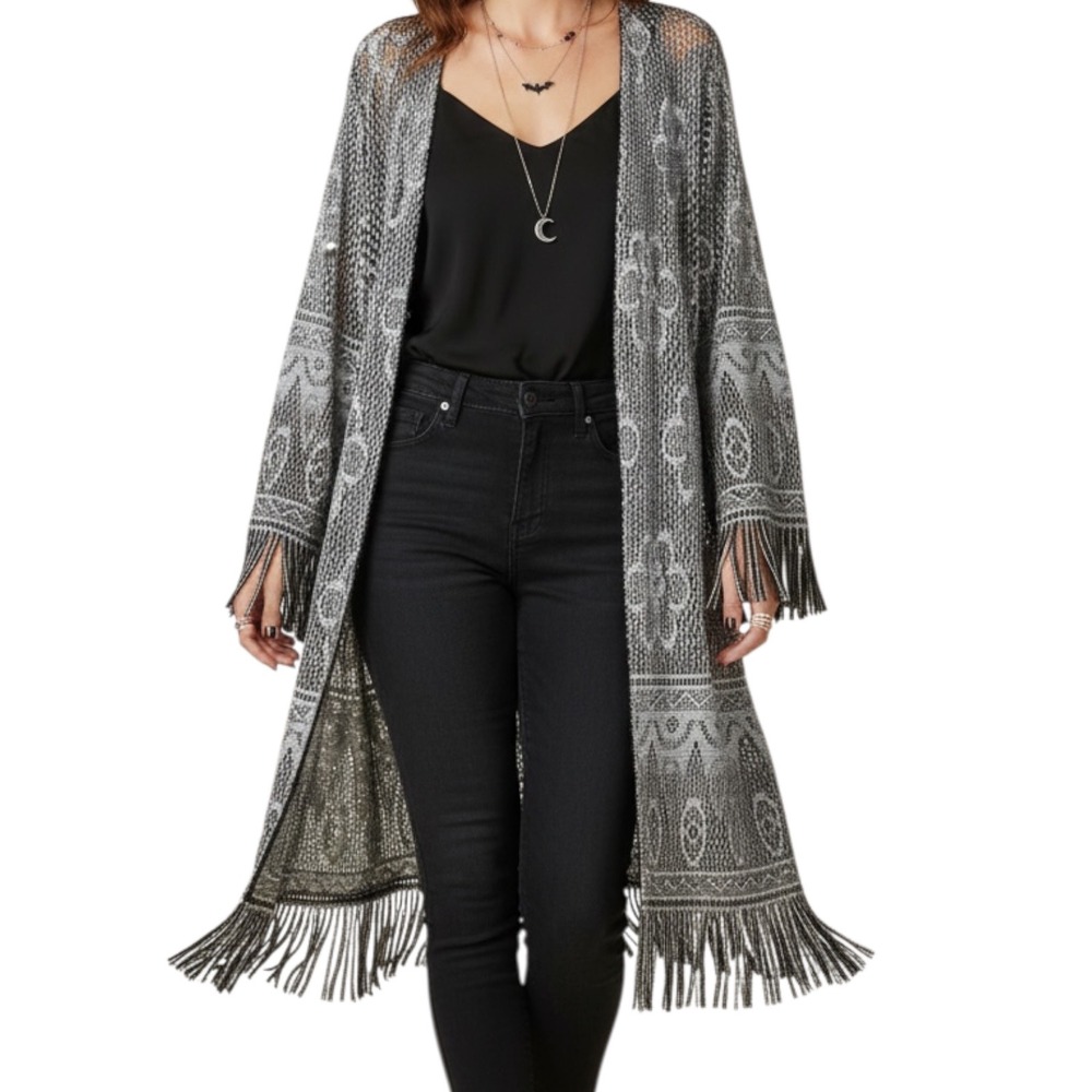 VTG Duster Cardigan Kimono 20 Metallic Silver Fringe Trim Whimsigoth Boho USA